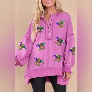 Mardi Gras Sequin Half Button Exposed Seam Sweatshirt